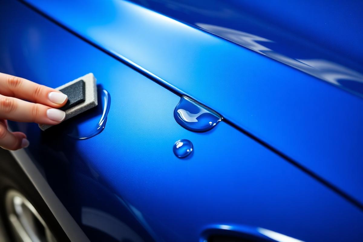 Ceramic coating being applied to blue car paint with water beading on the surface
