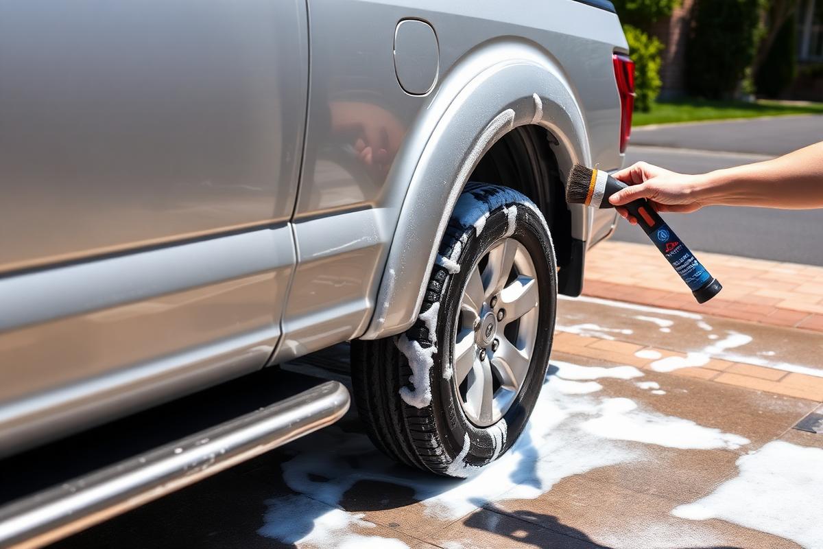 Wheel and lower body panel of a silver pickup being washed with foam in a driveway