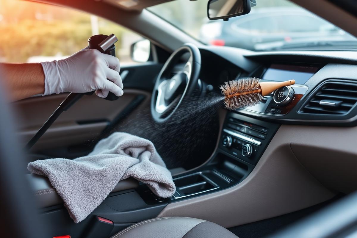 Detailer cleaning a car dashboard and air vents with a brush and microfiber towel